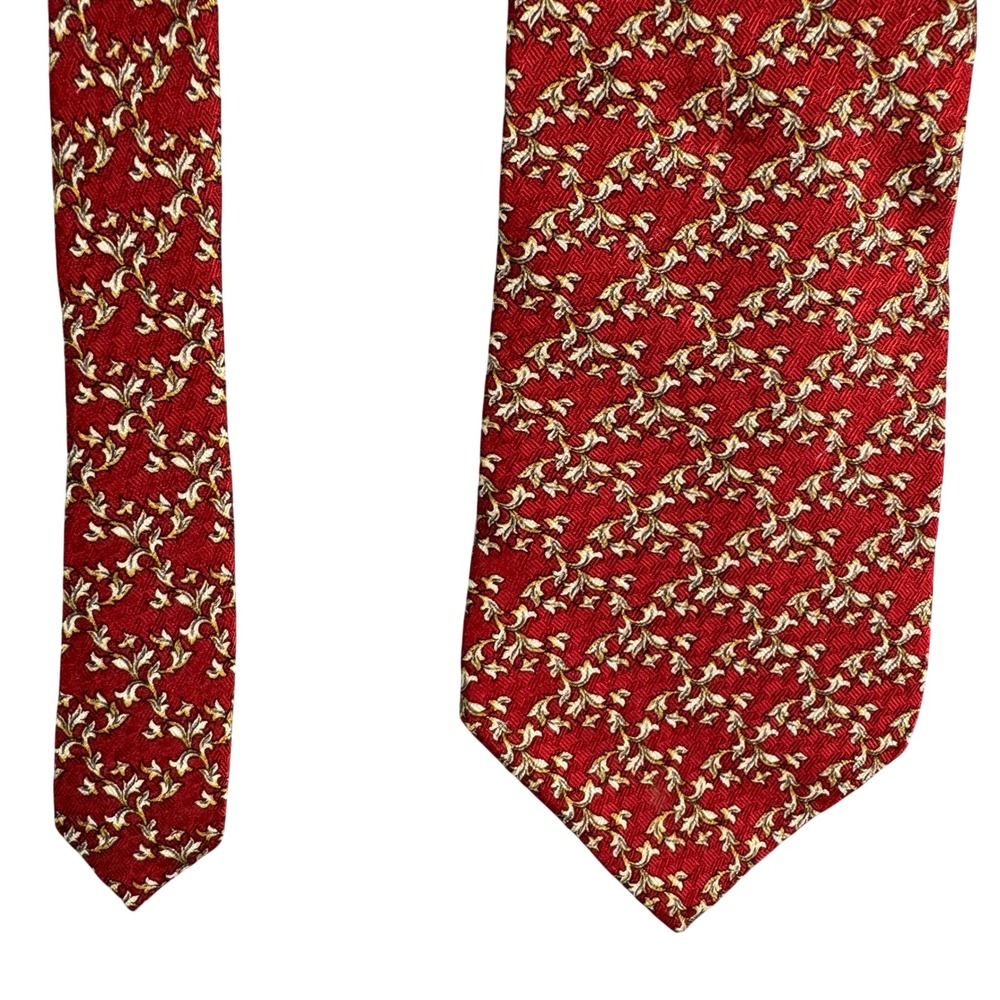 Claiborne Mens Silk Necktie Red Gold Silver Floral Leaf Pattern USA Made
